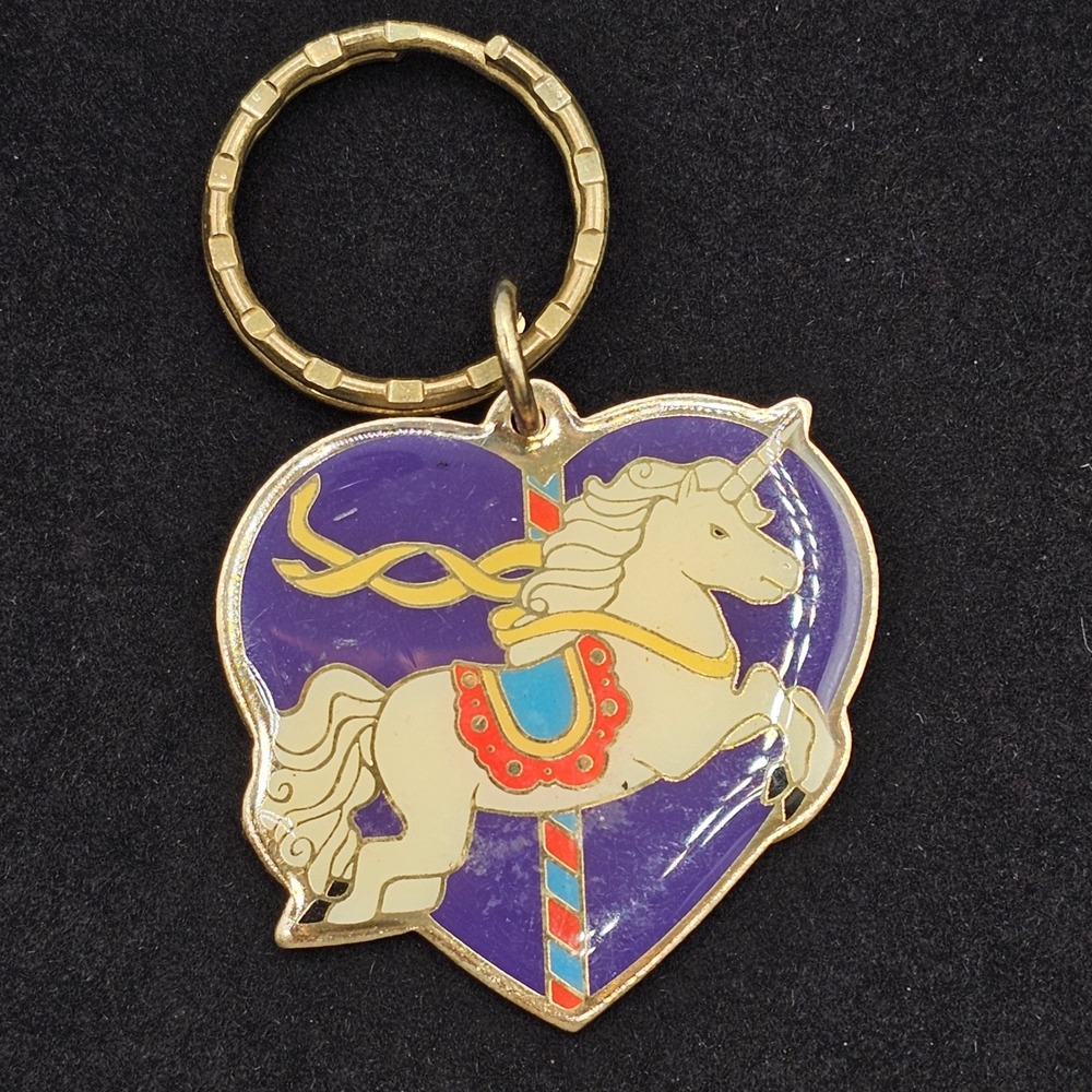 Vtg Keychain Carousel Unicorn Purple Heart Enamel Gift Creations Gold Tone‎